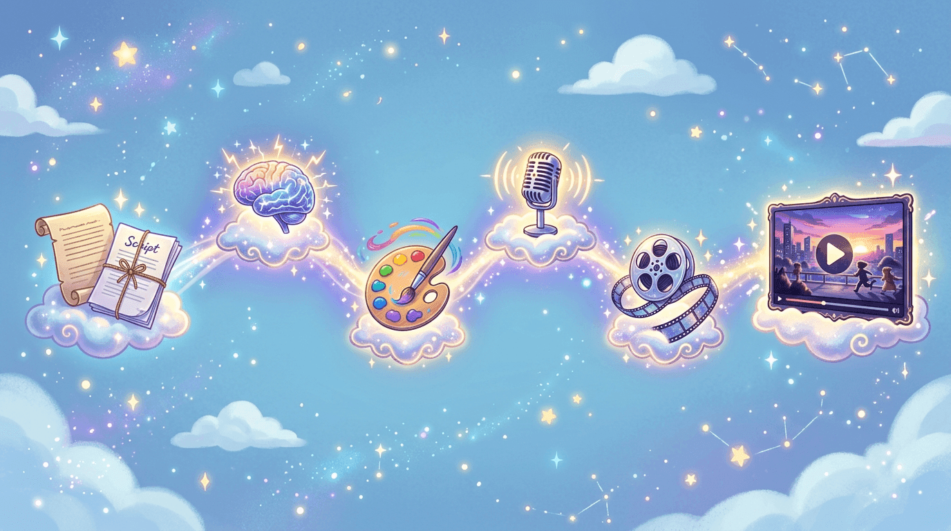 The AI video generation pipeline from text input to finished video