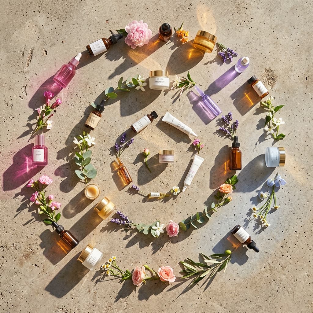 Fibonacci spiral skincare arrangement