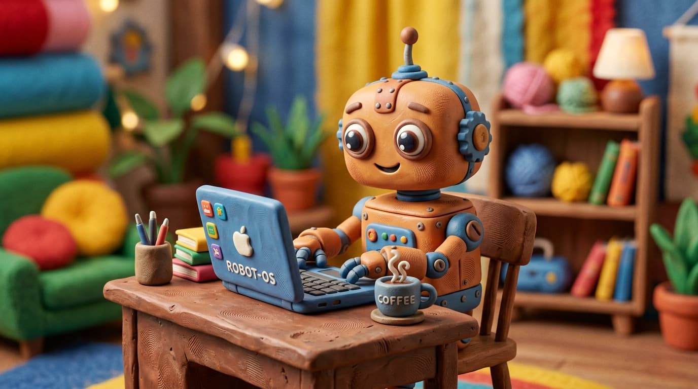 Claymation robot at desk
