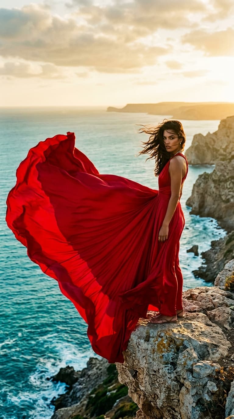 Red dress billowing on ocean cliff