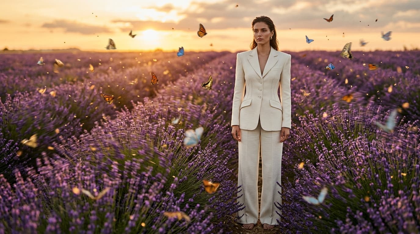 Fashion editorial in lavender field