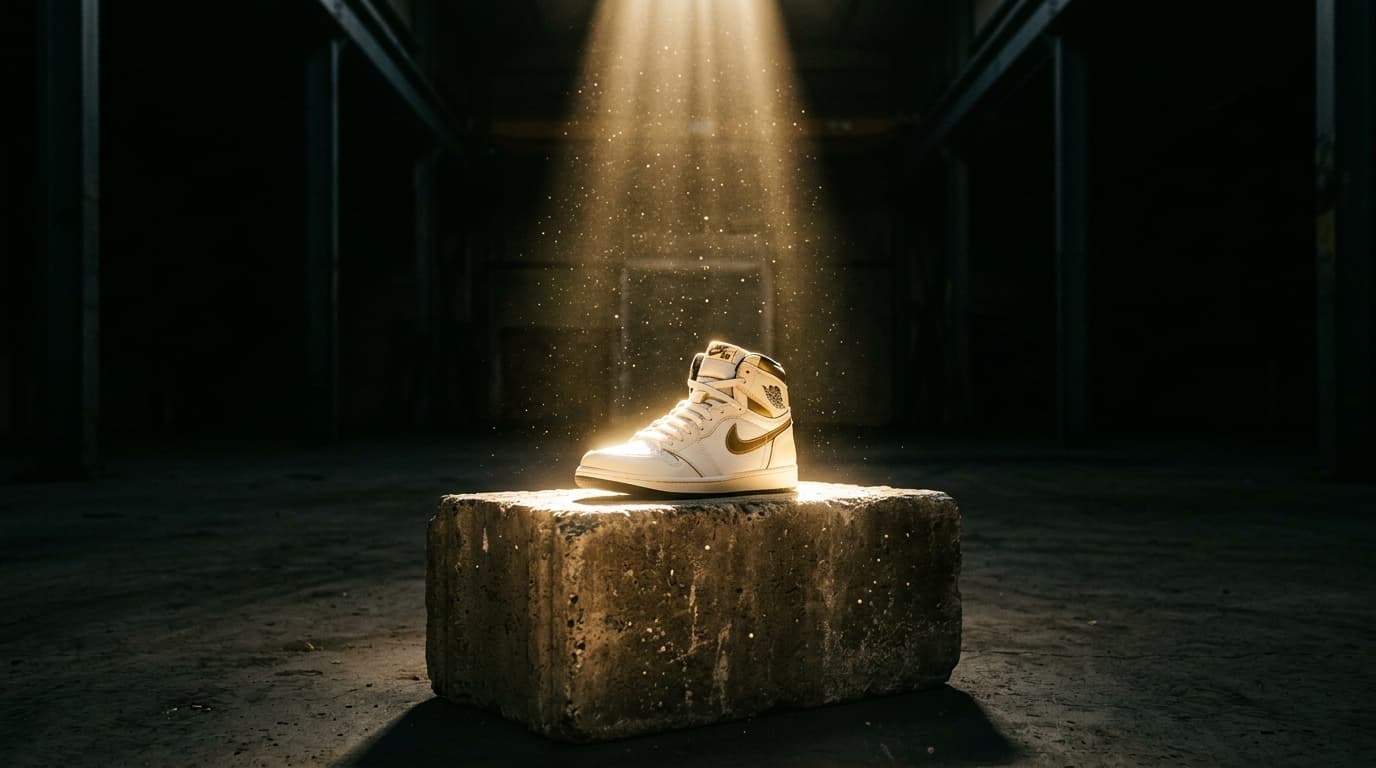 Sneaker in golden light beam