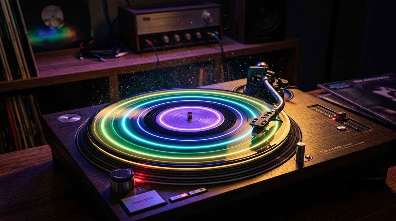 Vinyl record emitting aurora light