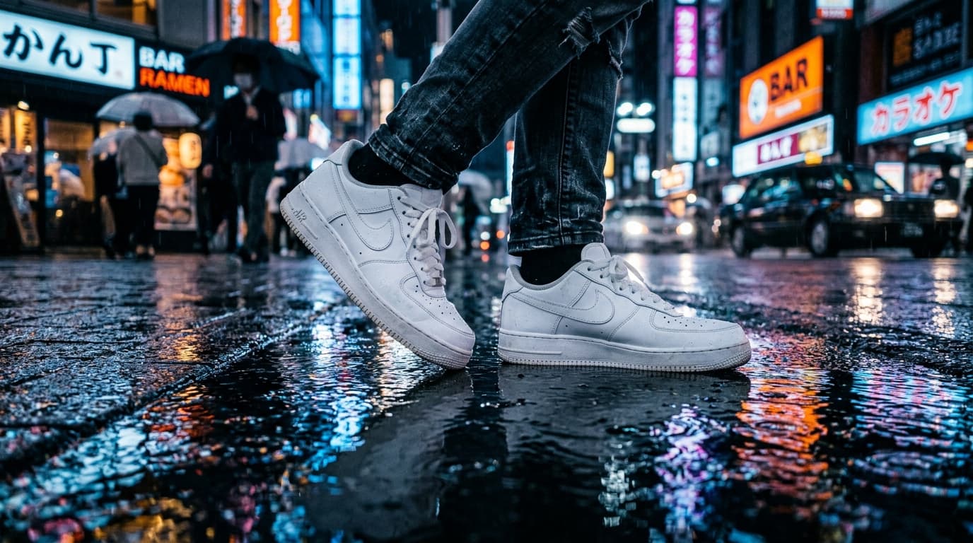 Sneakers on wet city pavement
