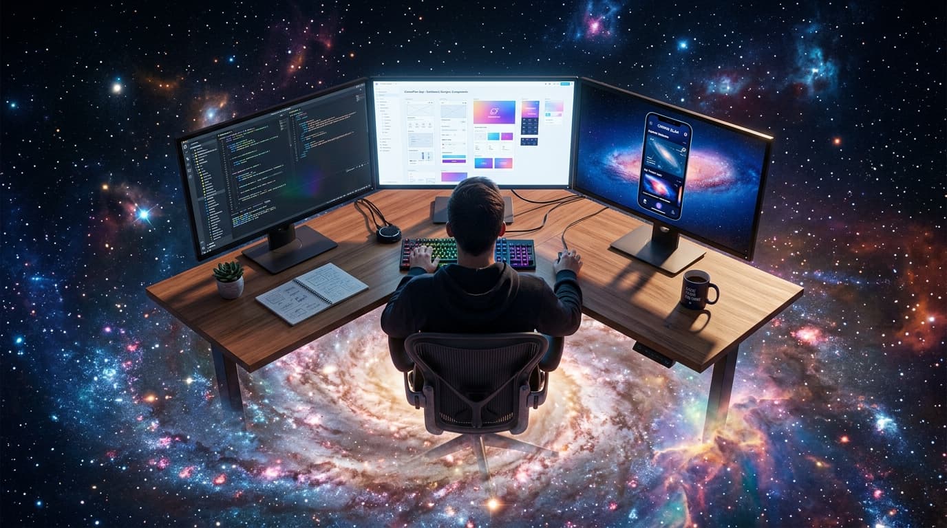 Developer desk floating in galaxy