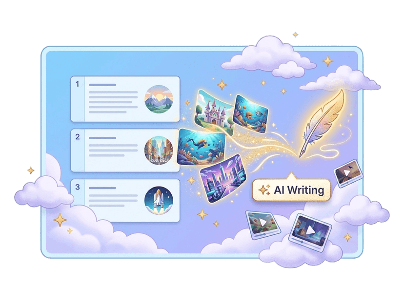 AI pipeline generating a video script, custom illustrations for each scene, and natural voiceover