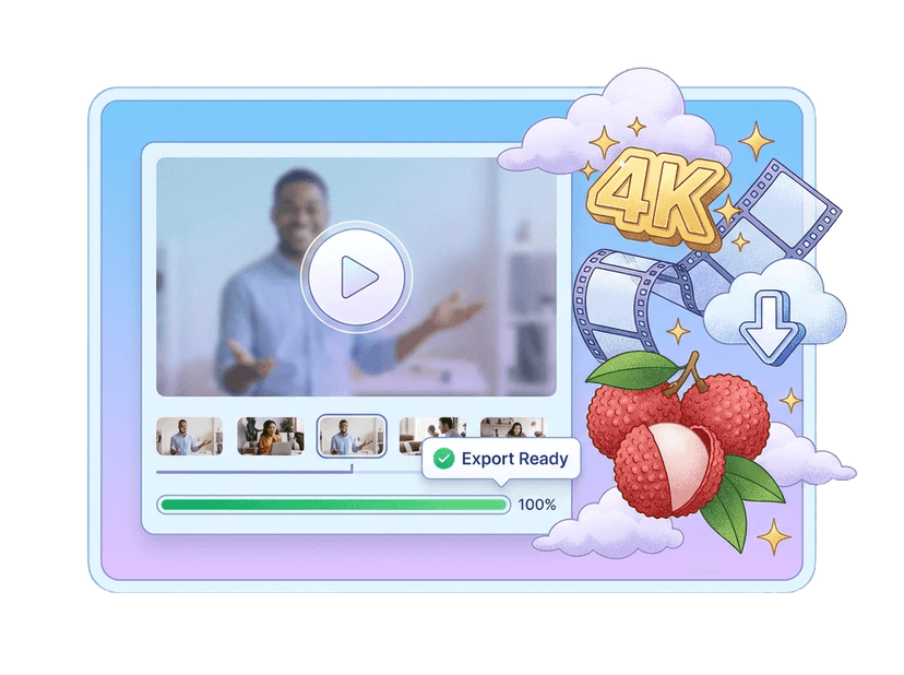 Lychee video preview player with scene editing controls and export options for 1080p and 4K