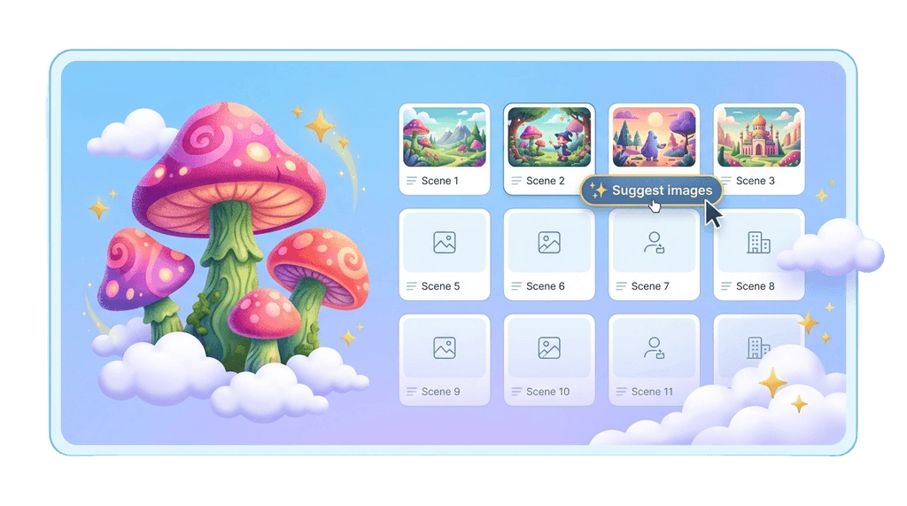 AI-generated storyboard with scene illustrations